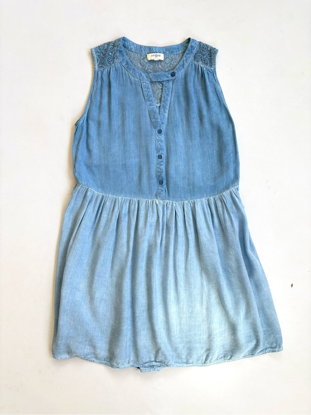 Umgee Women’s Large Popover Tunic Dress Chambray Tank Ruffle Tiered Lace Blue